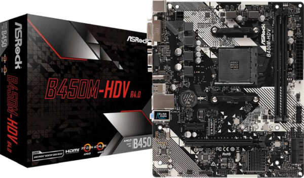 Изображение Материнская плата Asrock B450M-HDV R4.0 Soc-AM4 AMD B450 2xDDR4 mATX AC`97 8ch(7.1) GbLAN RAID+VGA+DVI+HDMI