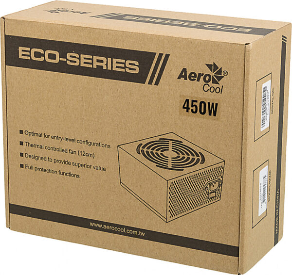 Изображение Блок питания Aerocool ATX 450W ECO-450 (20+4pin) 120mm fan 2xSATA RTL
