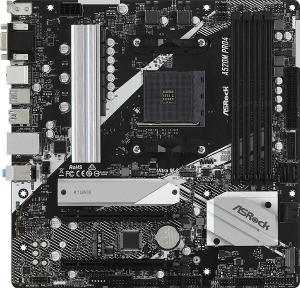 Изображение Материнская плата Asrock A520M PRO4 Soc-AM4 AMD A520 4xDDR4 mATX AC`97 8ch(7.1) GbLAN RAID+VGA+HDMI+DP