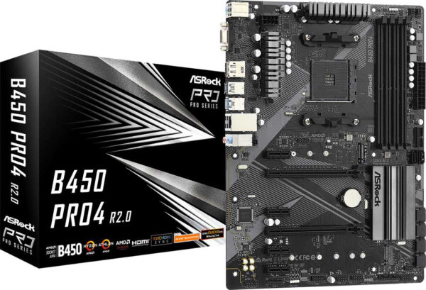 Изображение Материнская плата Asrock B450 PRO4 R2.0 Soc-AM4 AMD B450 4xDDR4 ATX AC`97 8ch(7.1) GbLAN RAID+VGA+HDMI+DP