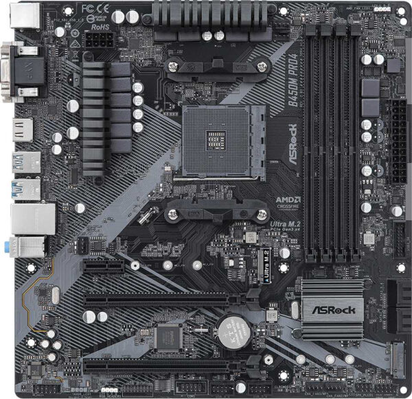 Изображение Материнская плата Asrock B450M PRO4 R2.0 Soc-AM4 AMD B450 4xDDR4 mATX AC`97 8ch(7.1) GbLAN RAID+VGA+DVI+HDMI
