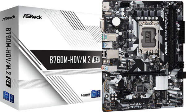 Изображение Материнская плата Asrock B760M-H/M.2 Soc-1700 Intel B760 2xDDR5 mATX AC`97 8ch(7.1) GbLAN RAID+HDMI+DP