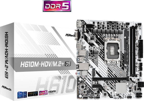 Изображение Материнская плата Asrock H610M-HDV/M.2+ D5 Soc-1700 Intel H610 2xDDR5 mATX AC`97 8ch(7.1) GbLAN+VGA+HDMI+DP