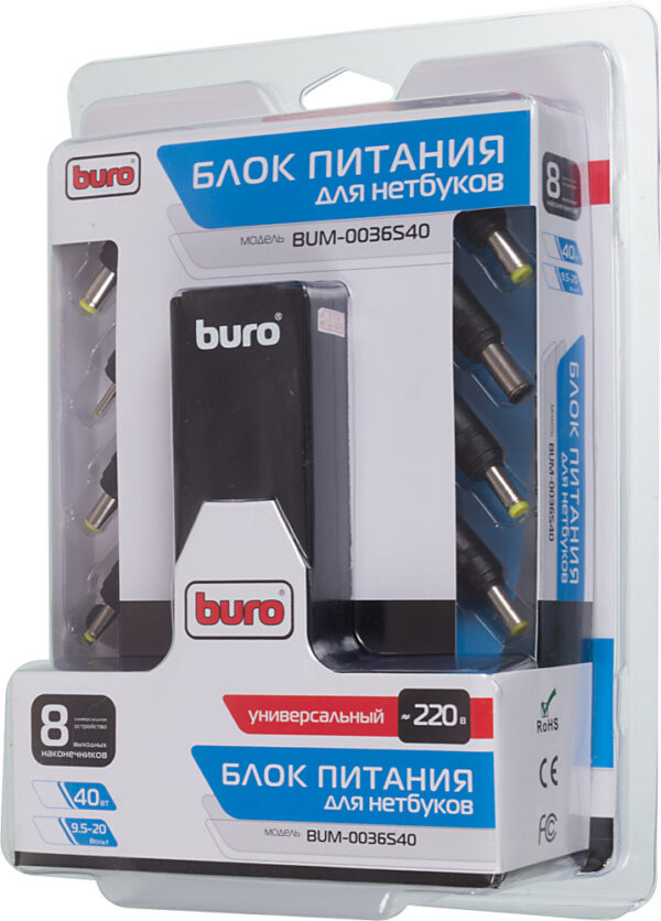 Изображение Блок питания Buro BUM-0036S40 автоматический 40W 9.5V-20V 8-connectors от бытовой электросети LED индикатор