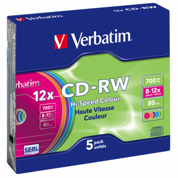 Изображение Диск CD-RW Verbatim 700Mb 12x Slim case (5шт) Color (43167)