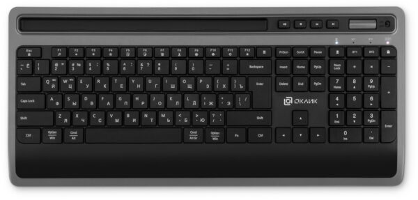 Изображение Клавиатура Оклик 860S серый/черный USB беспроводная BT/Radio slim Multimedia (подставка для запястий) (1809323)